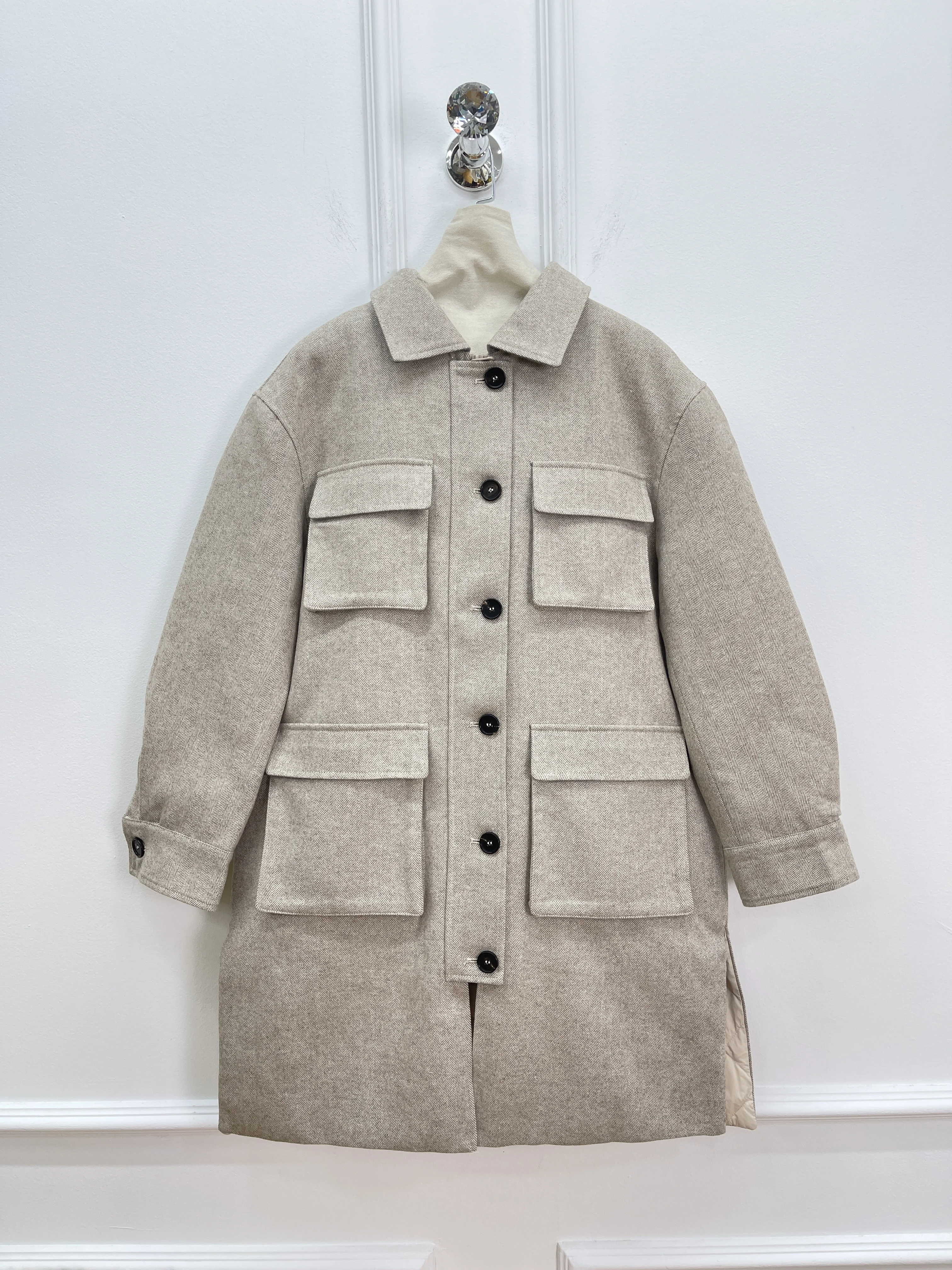 معطف صوف متعدد الجيوب من مزيج الصوف، سترة كاجوال فضفاضة مبطنة بالقطن، معطف متوسط الطول، دافئ