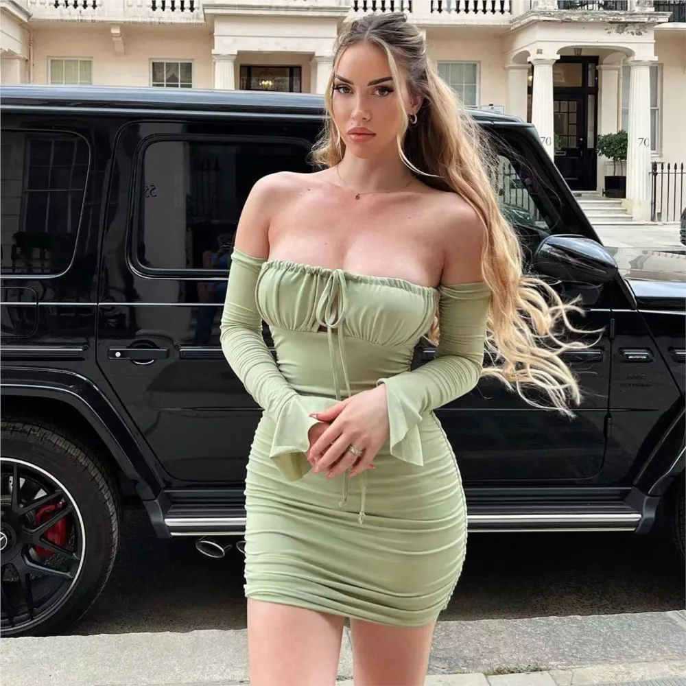 

Off Shoulder Long Trumpet Sleeve Sexy Mini Dress For Women Autumn New Strapless Backless Ruched Evening Lace Up Push Up Dresses