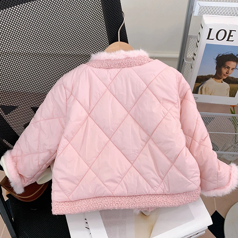 Winter Girls' Coats Korean Fashion Princess Cotton-padded Outerwear Thicked Woolen Patchwork Short Jackets 2026 Kids New
