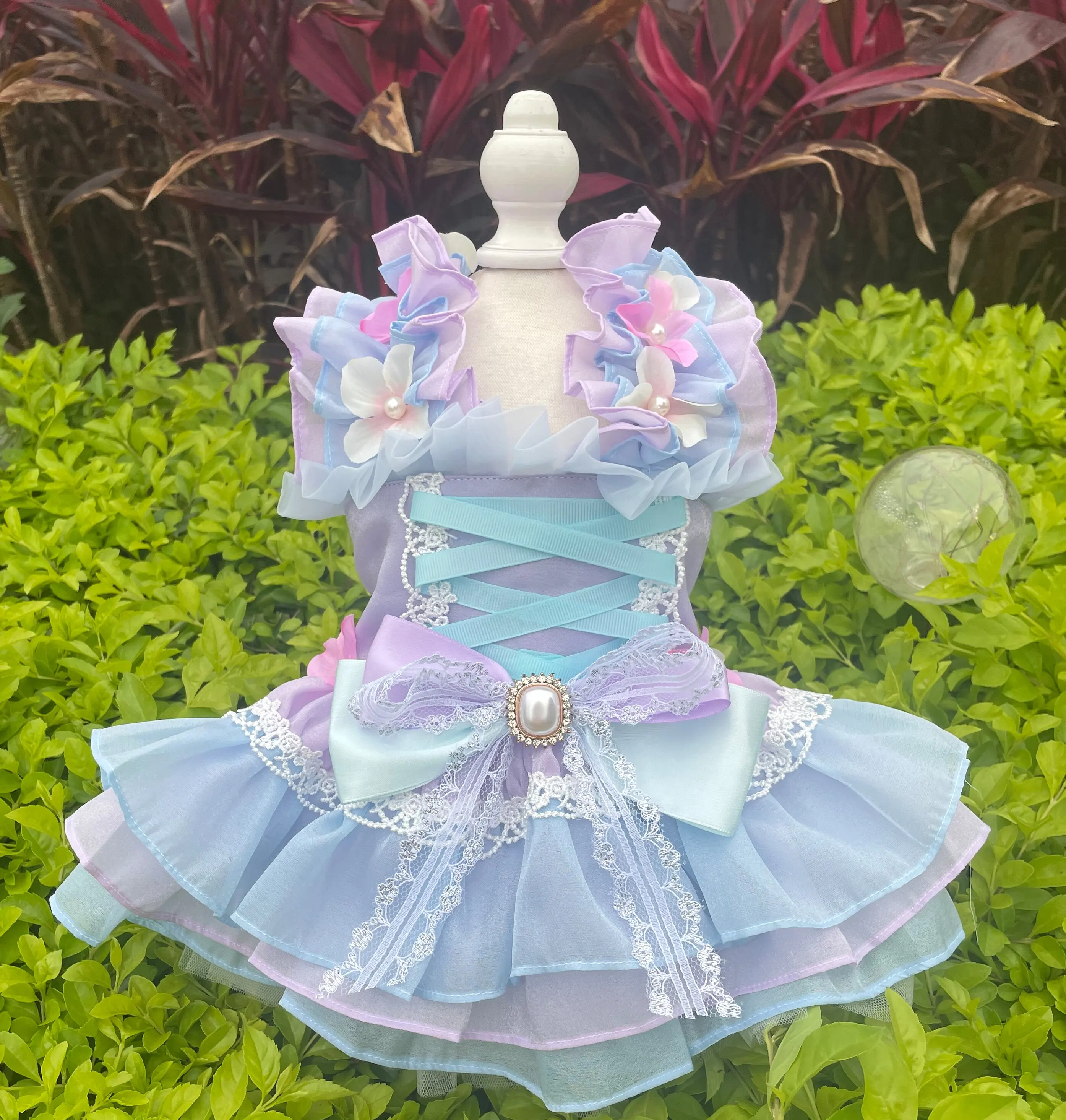 

Blue Purple Dog Cat Wedding Party Dress,Hand-stitched Lace Gown,Flower Applique Formal Wear for Chihuahua Corgi Pet Dog Clothes