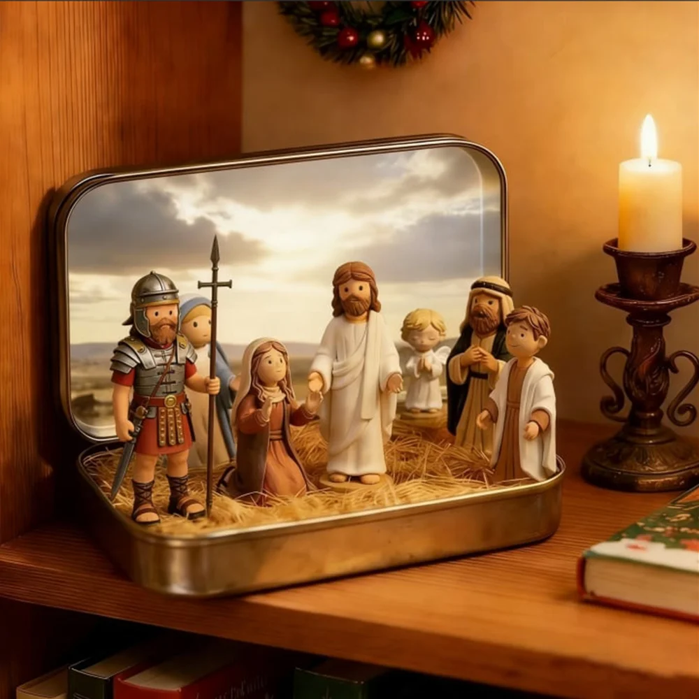 PVC Christmas Nativity Set Mini Size Horse Trough Design Resin Scene Figurine Tin Box Packaging Christmas Scene Figurine