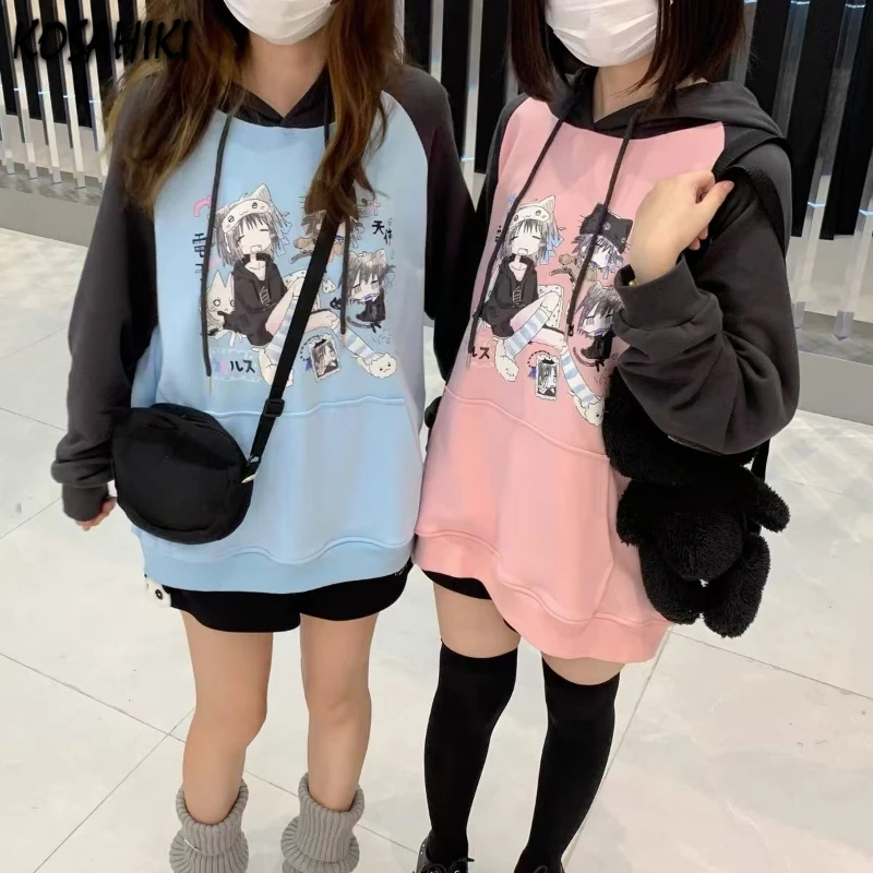 

Women Japanese Cartoon Printing Drawstring Hoodies Autumn Grunge Casual Loose Hoody Streetwear Pocket Y2k Aesthetic Sweatshirts