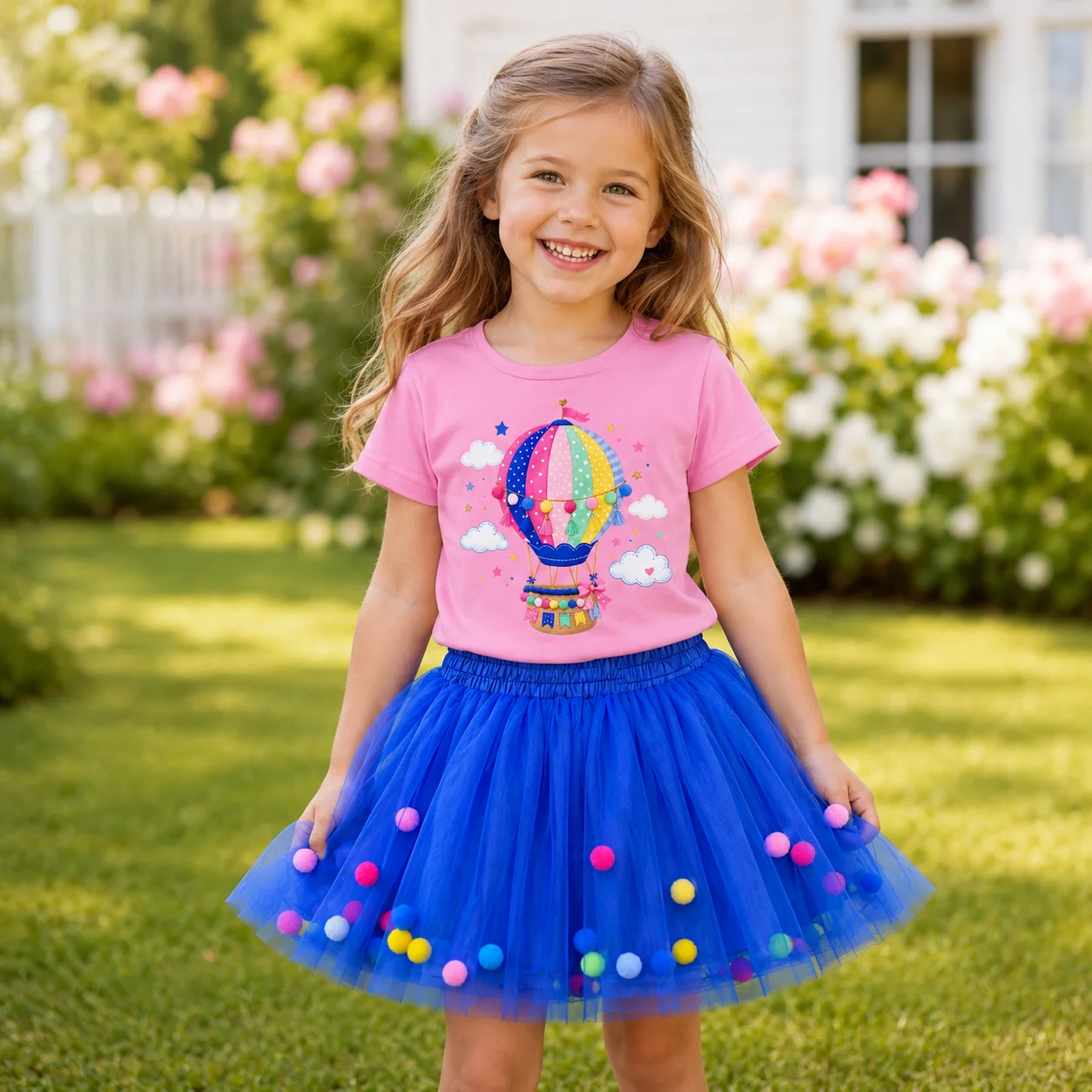 Ensemble 2 pièces pour filles : T-shirt rose à manches courtes imprimé montgolfière et jupe tutu en tulle bleu à pompons colorés – Idéal pour l'été et les fêtes d'anniversaire