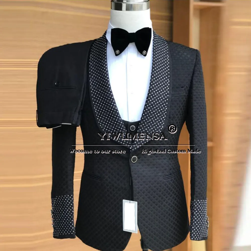 Classic Suits Men For Wedding Crystals Beaded Lapel Jacket Vest Pants 3 Piece Formal Groom Tuxedos Tailored Male Fashion Blazers