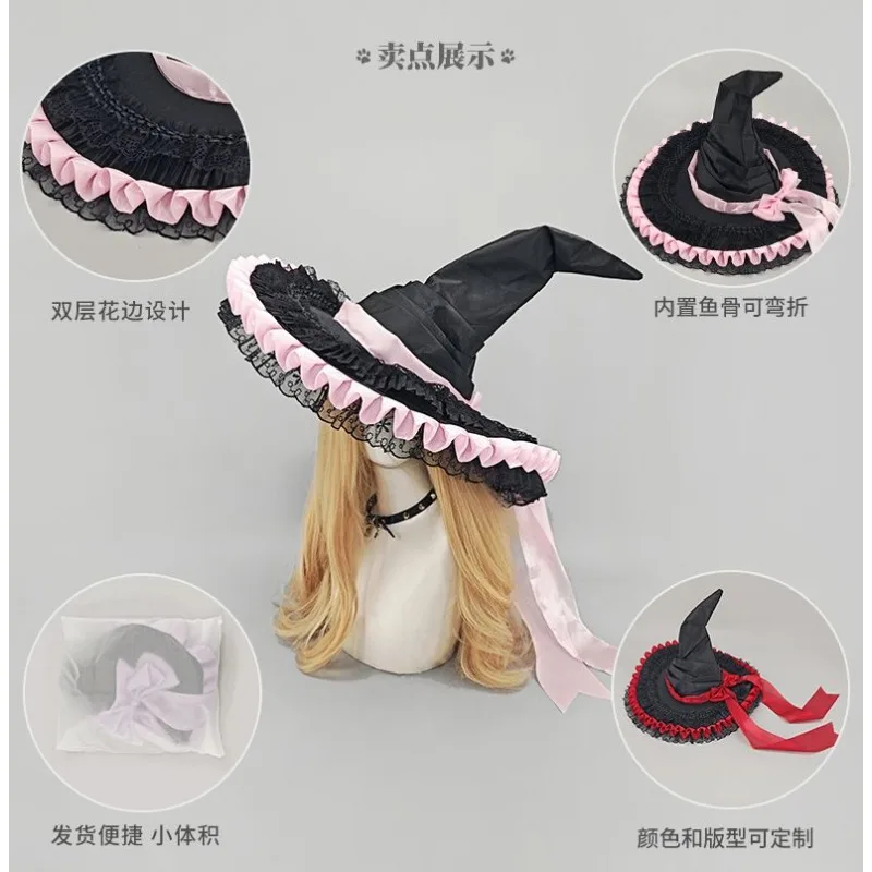 Handmade Lace Witch Pointed Hat with Bandage Bow Gothic Lolita Wizard Hat Adult Cosplay Accessory for Halloween Party Costume