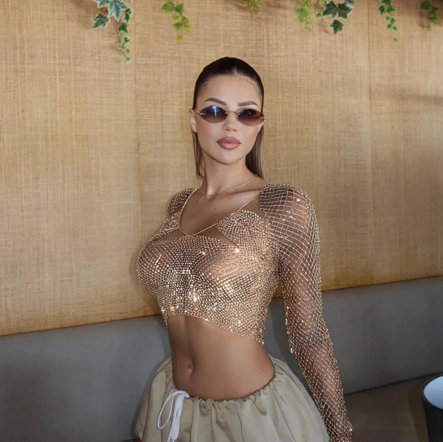 AKYZO European and American Sexy Two-piece Fashionable Rhinestone Fishing Net Party Spicy Girl Top Versatile Vest