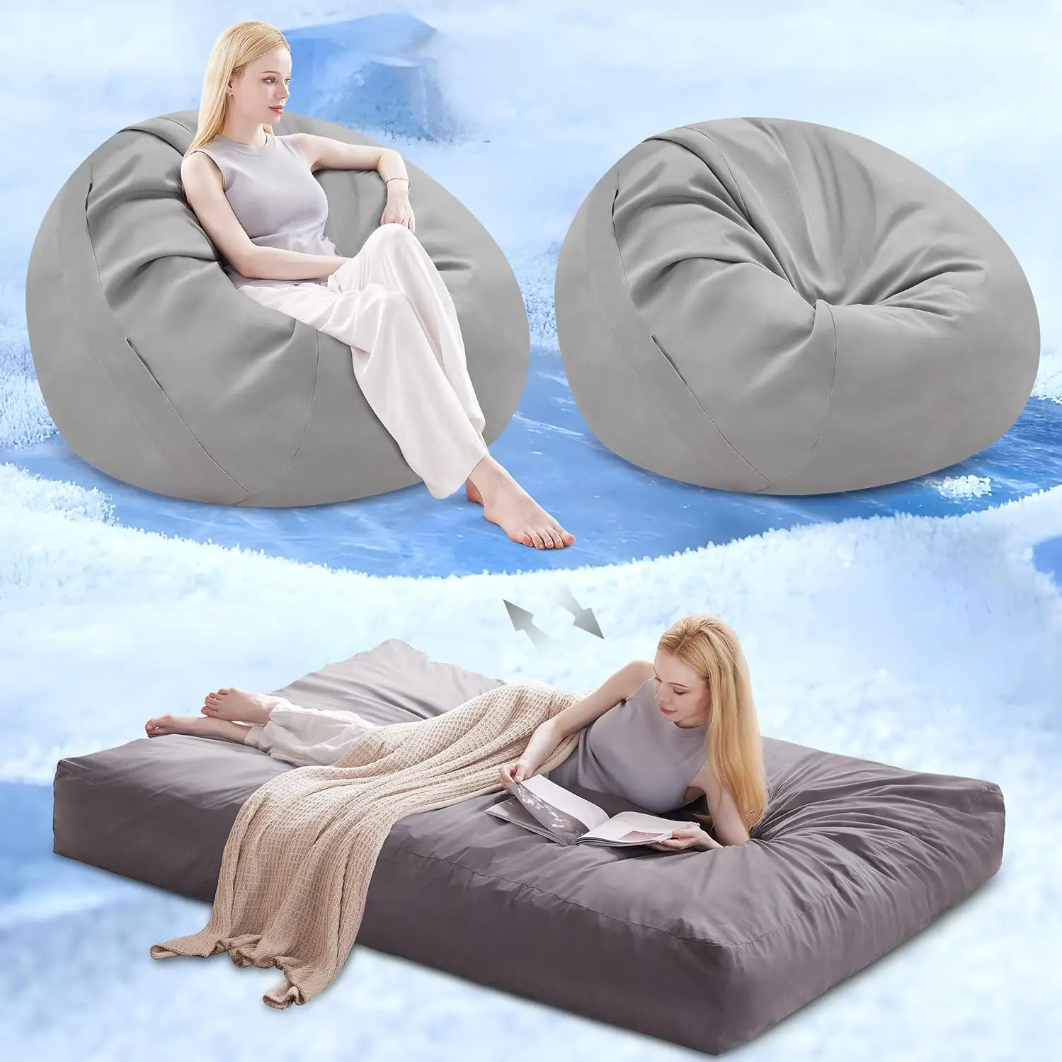 Cooling Bean Bag Chair For Hot Summer, Large Bean Bag Chairs For Adults, Giant Convertible Bean Bag Bed, Big Beanbag Chair,