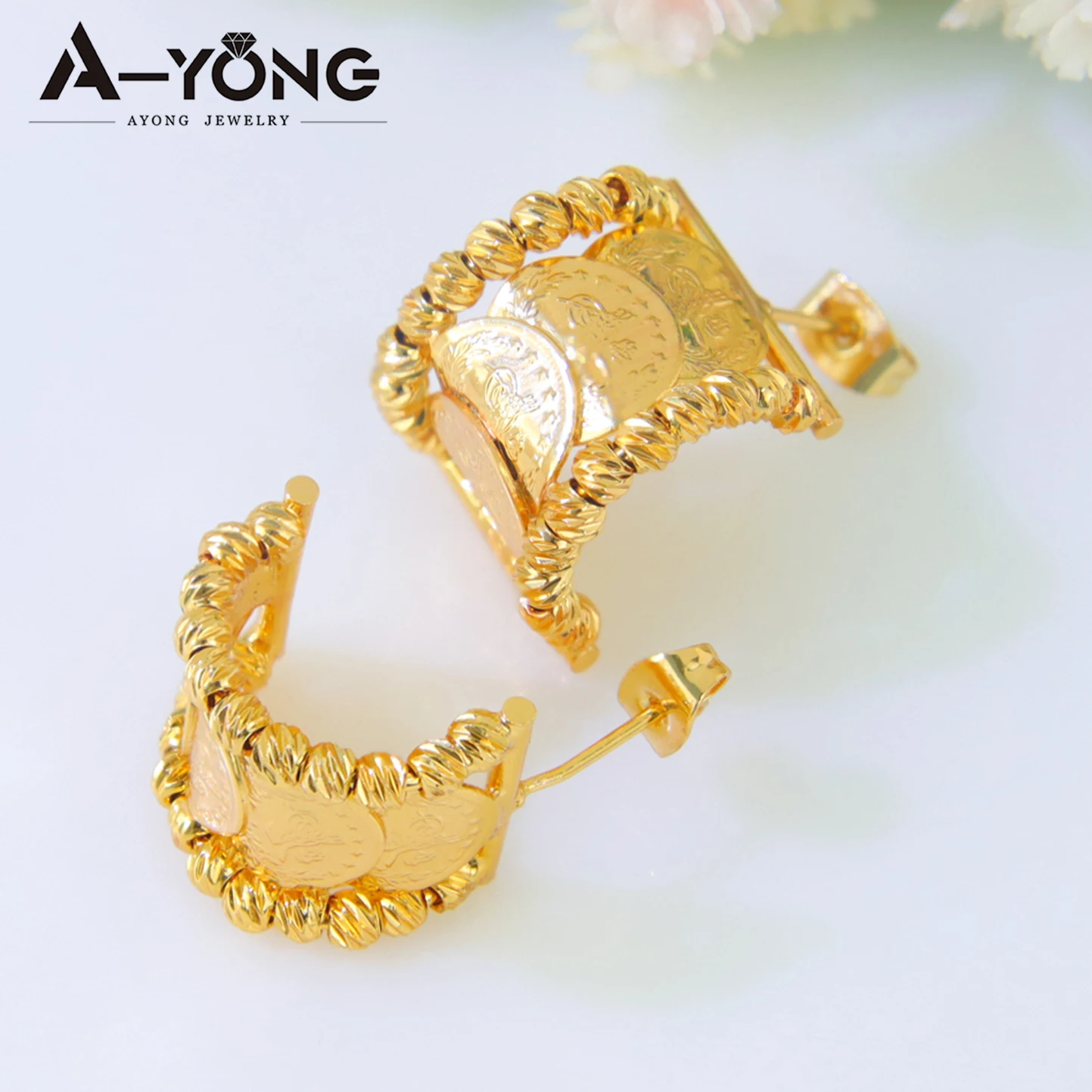 Turkish Vintage Coins Stud Earrings 24k Gold Plated Dubai Vintage Half Circle Earring Saudi Arabia Women Wedding Jewelry