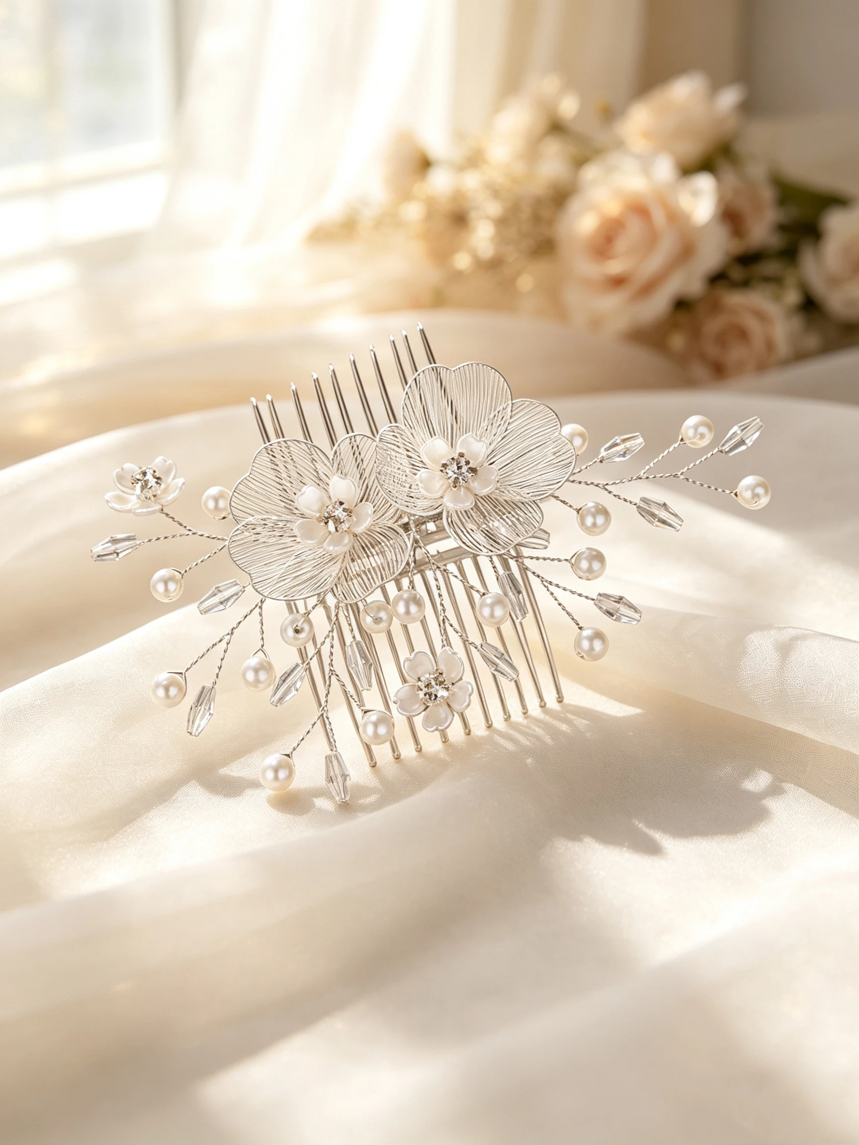 Silver Handmade Flower Pearl Rhinestone Hair Comb Bridal Updo Hair Comb Wedding Dress Photo Styling Headpiece