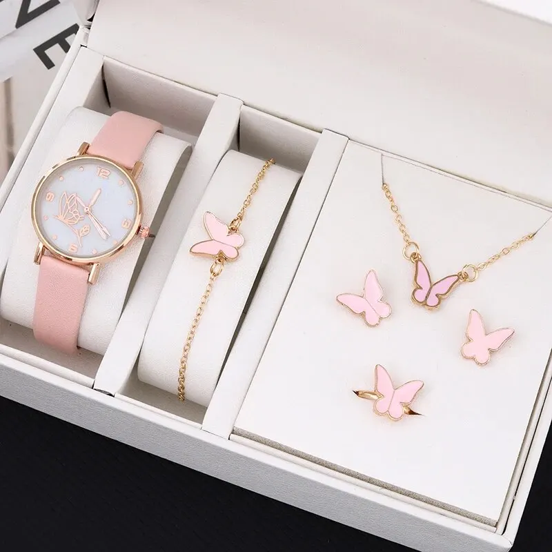 

6PCS Set Women Butterfly Dial Watch Brand Female Clock Pink Leather Band Ladies Watches Fashion Casual Quartz Wristwatche