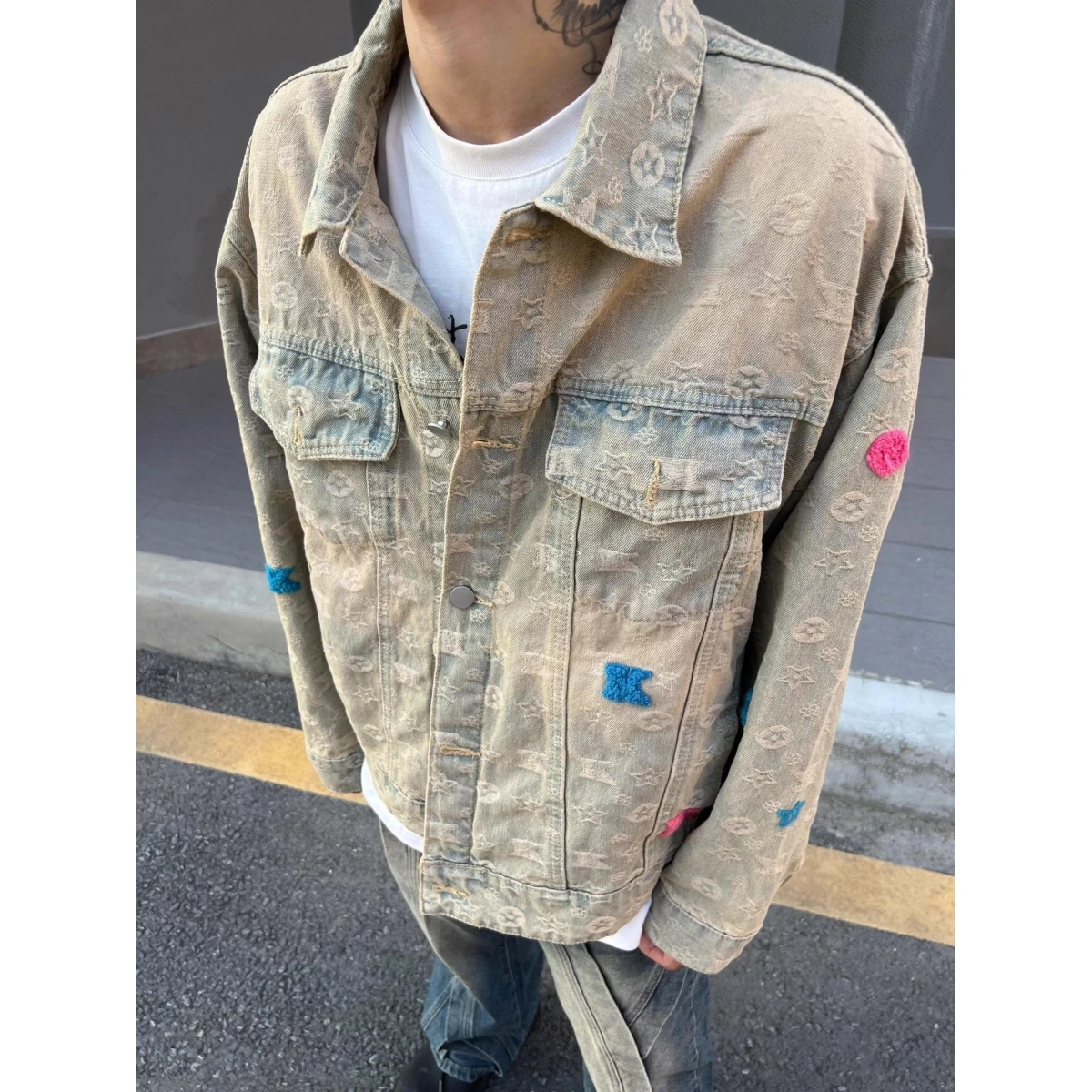 

Retro American Yellow Mud Color Printed Jeans Jaet Loose Casual ex Jaet Top Youth Trend Polyester Cotton Blend