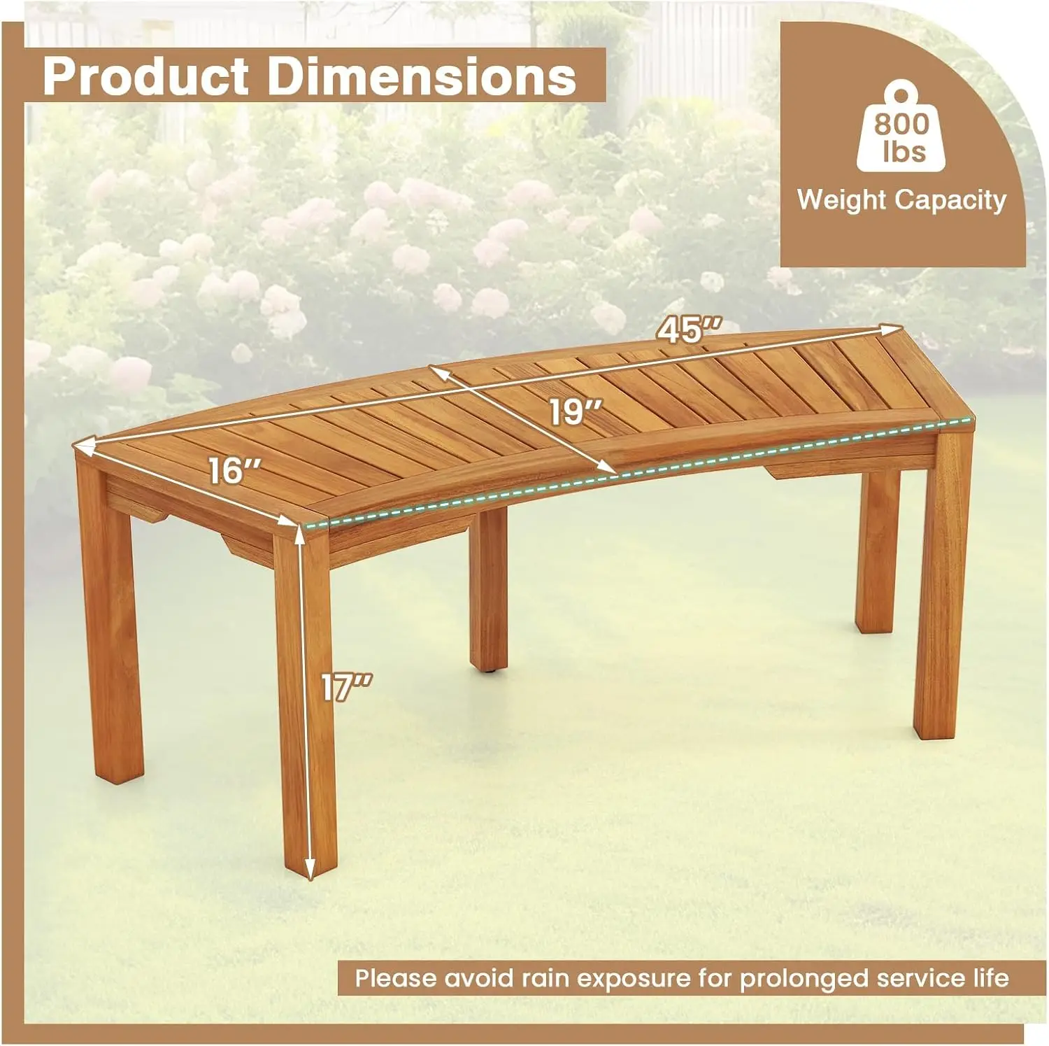 Outdoor Curved Bench, Acacia Wood Fire Pit Bench, Slatted Loveseat Outside Chair, Patio Backless 2 Person Seating, Heavy Duty Garden Furniture For Balcony Yard Deck Porch, Natural, Set Of 4
