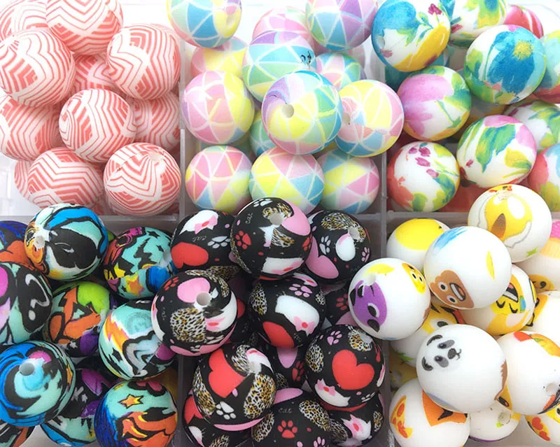 Round Silicone Beads 15mm Multi-color Printed Leopard Silicone Beads for Jewelry Making DIY Pacifier Clip Chain BPA Free