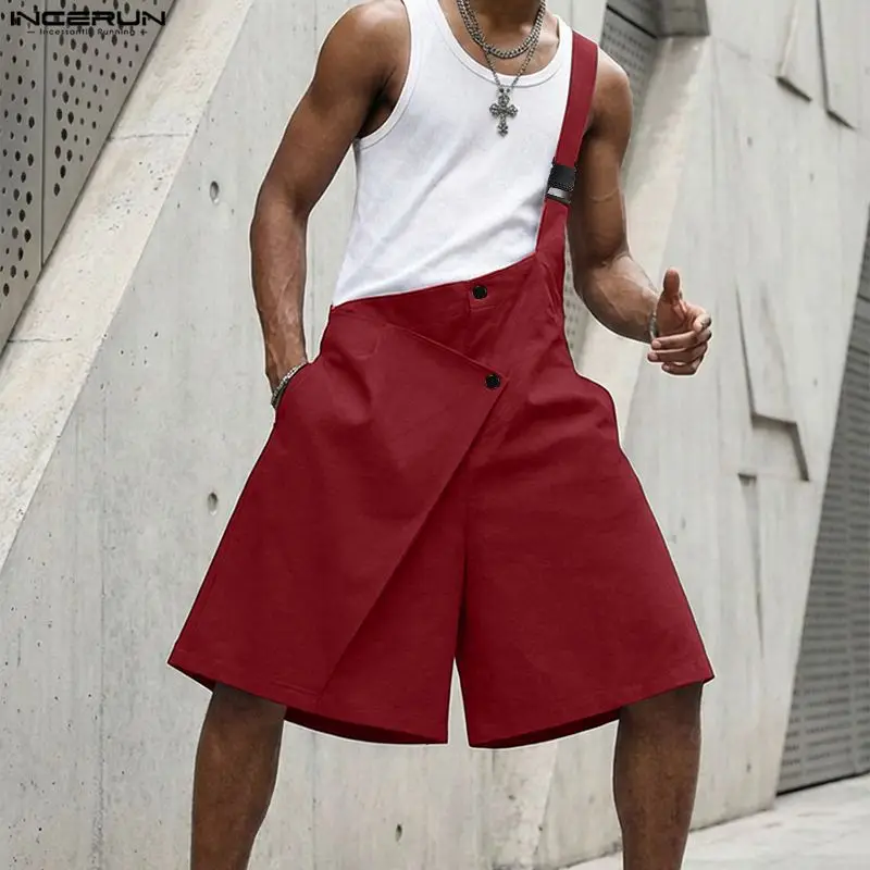 

INCERUN Men Jumpsuits Shorts Solid Sleeveless Asymmetrical Straps Rompers Male 2026 Summer Fashion Loose Casual Overalls For Man