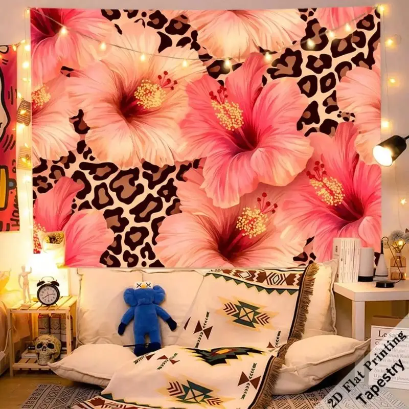 VIKAMA Pink Hibiscus Leopard Wall Tapestry Backdrop Polyester Bohemian Bedroom Dorm Living Room Home Decor