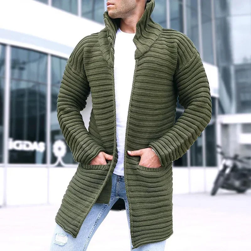 

2024 Autumn Winter New Men's Cardigan Solid Color Turtleneck Long Sleeve Knitted Sweater Coat