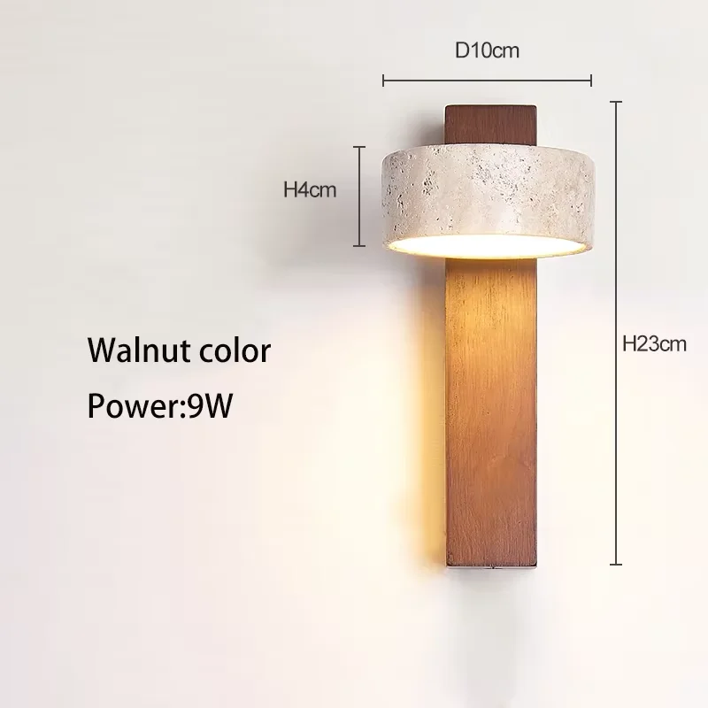 Wabi Sabi-stijl natuurlijke gele travertijn stenen wandlamp draaibaar met trekkettingschakelaar LED walnoothout decorlicht voor slaapkamer