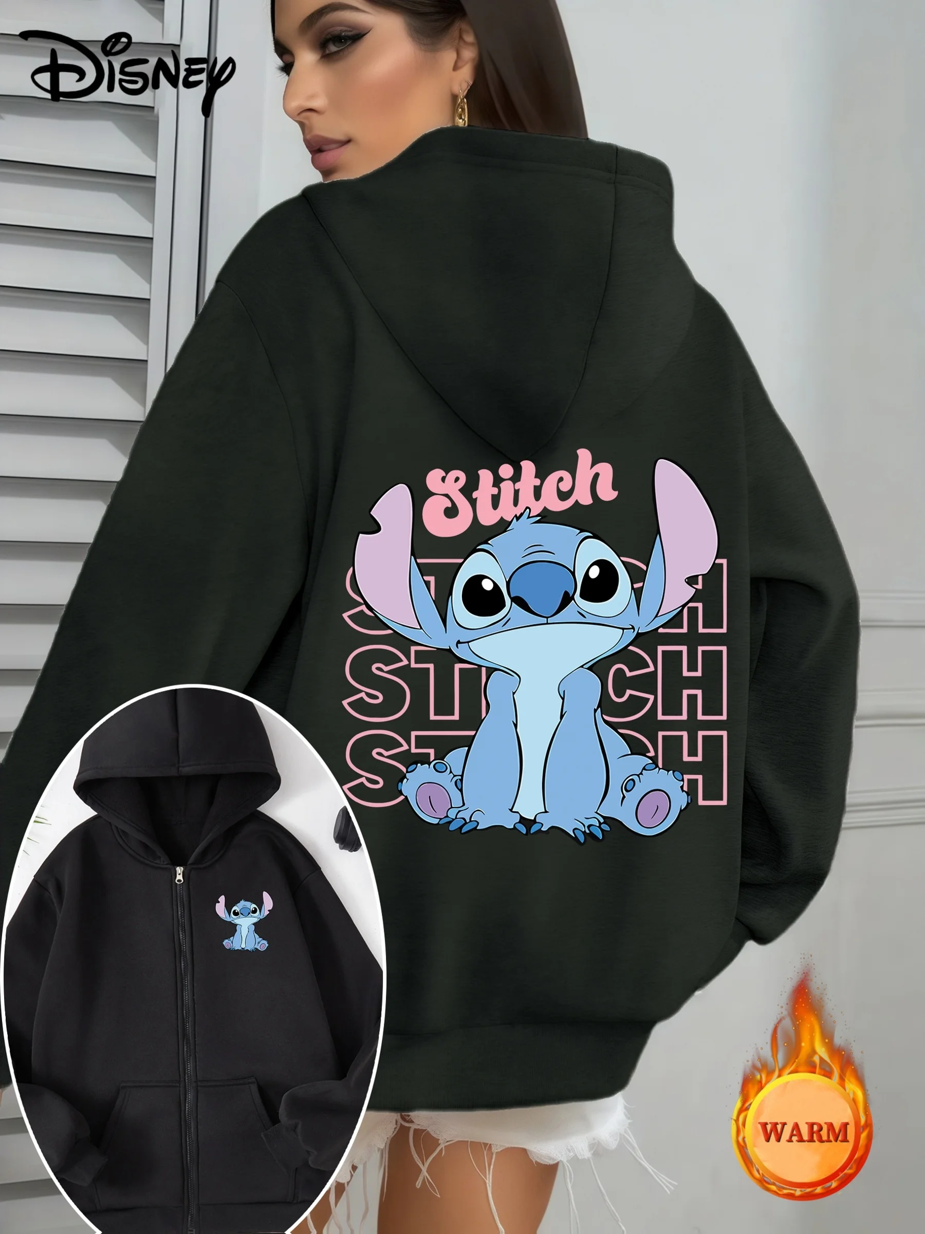 

Women's Disney Stitch Zipper Fashion Sweatshirt Streetwear Oversized Unisex Autumn and Winter Fleece Casual Versatile
