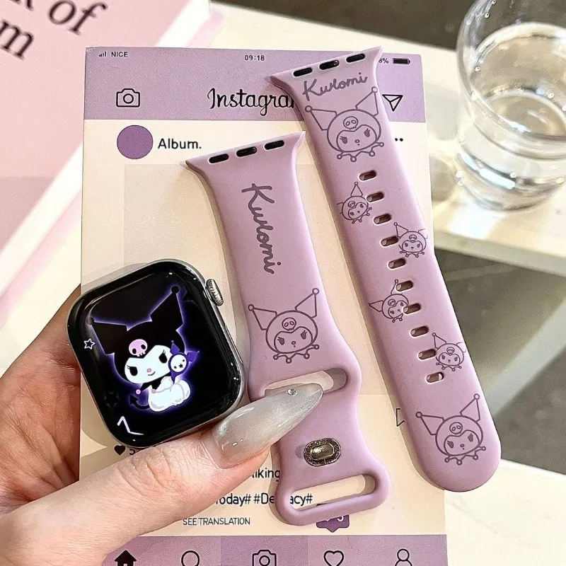 Correa de silicona color morado lavanda con estampado de dibujos animados de Anime Sanrio Cute Kuromi, adecuada para Iwatches 10, aplicable a Apple Kawaii, nueva