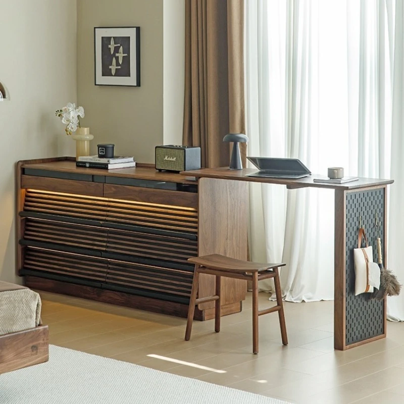 

Nordic simple black walnut dresser chest cabinet integrated makeup table storage cabinet corner telescopic desk solid wood