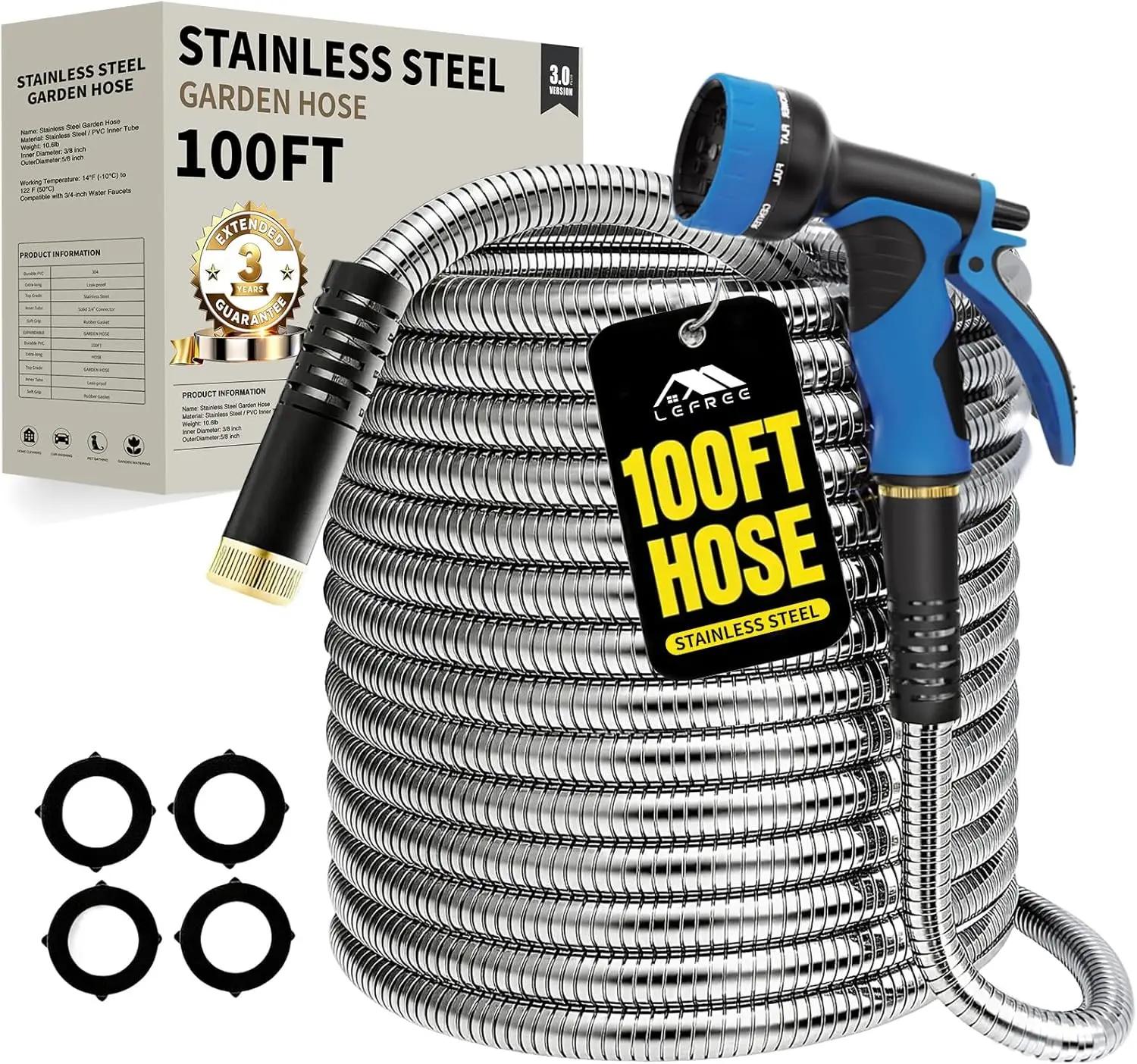

100ft Metal Garden Hose - Heavy Duty 304 Stainless Steel Flexible Water Hose, No Kinks & Leak-Proof with Upgraded Handle