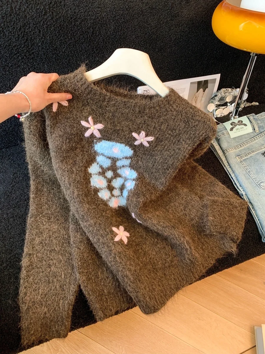 Ręcznie Haftowany Sweter Oversize z Kolorowymi Blokami, Gruby, Dzianinowy dla Kobiet, Jesień Zima, Nowa Koreańska Luźna Odzież Dzianinowa