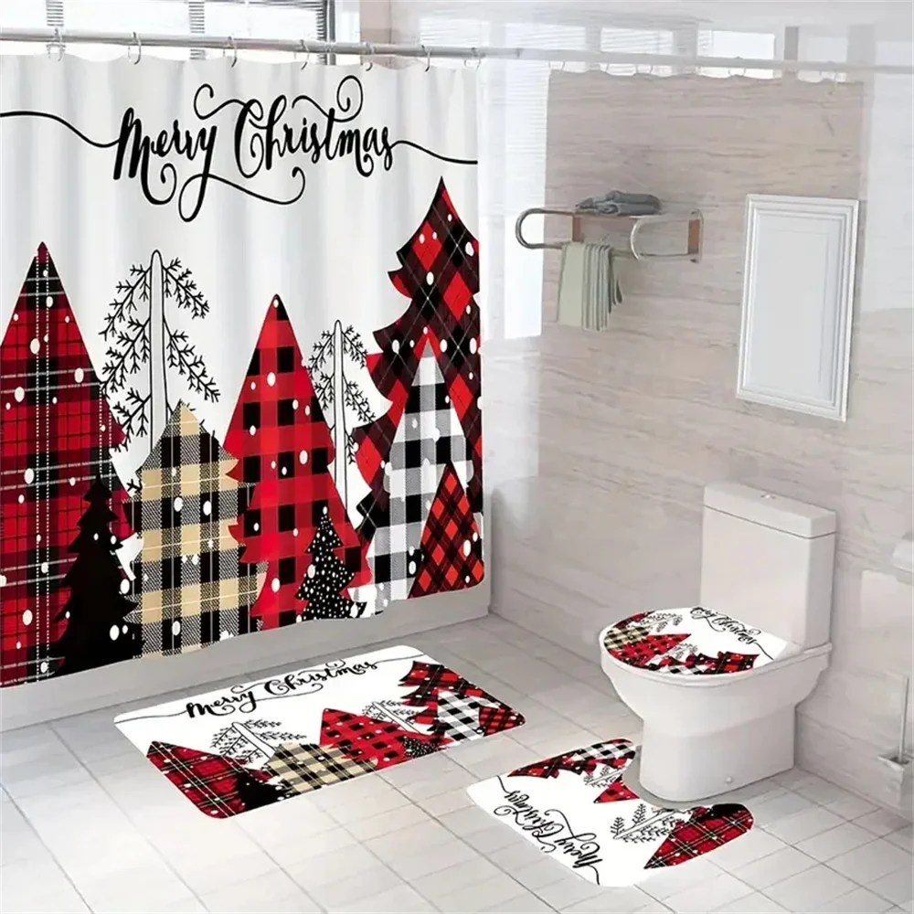 Red Christmas Decor Shower Curtain Santa Elk Christmas Waterproof Polyester Bath Curtain Home New Year Bedroom Cartoon Curtains