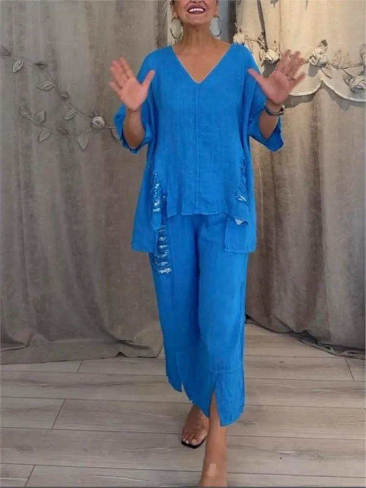 

Spring Summer Fashion Sequin Solid Loose Two Piece Sets Women's Casual V Neck Half Sleeve Top + Pocket Pants Irregular Outfit
