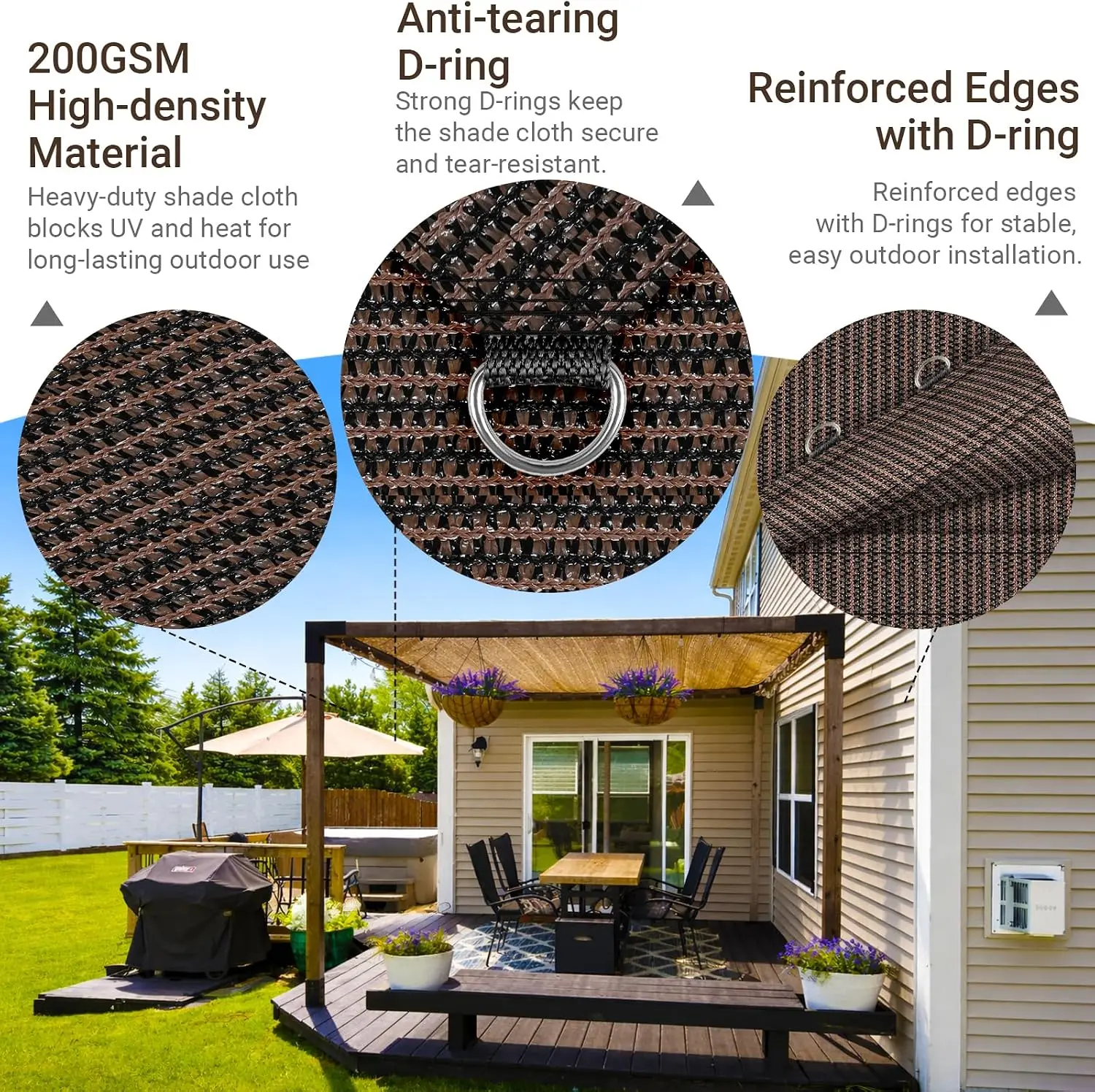90% UV Block 12x20ft Sun Shade Cloth with D-Rings, Breathable Pergola Cover, 200GSM for Patio, Garden, Deck (Mocha)