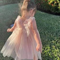 Summer 3D Angel Wings Fairy Princess Tulle Dress Birthday Strap Dress For Baby Girl Clothes Mesh Tutu Dresses Kid Party Costume