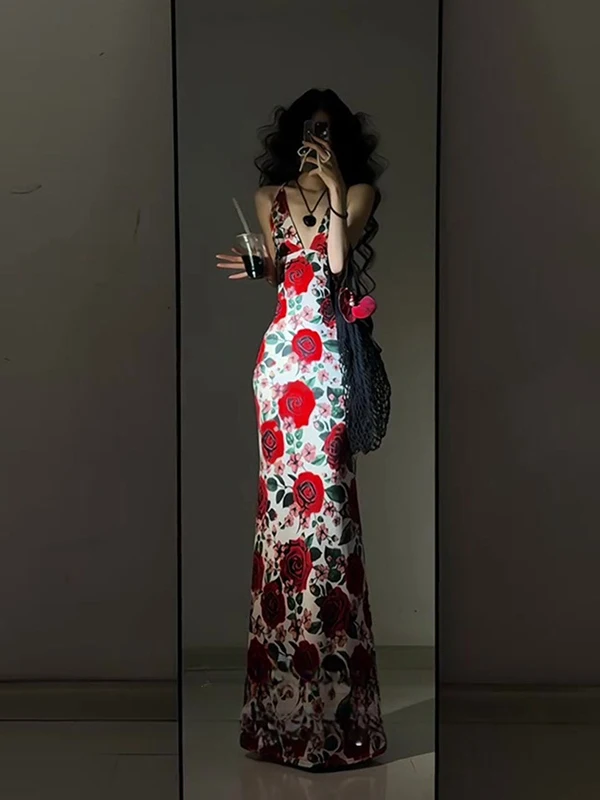 Rétro Rose imprimé sangle longue Dr minceur haute Ne Sexy Bal plage Vaion Dr été coton tricoté Maxi robe