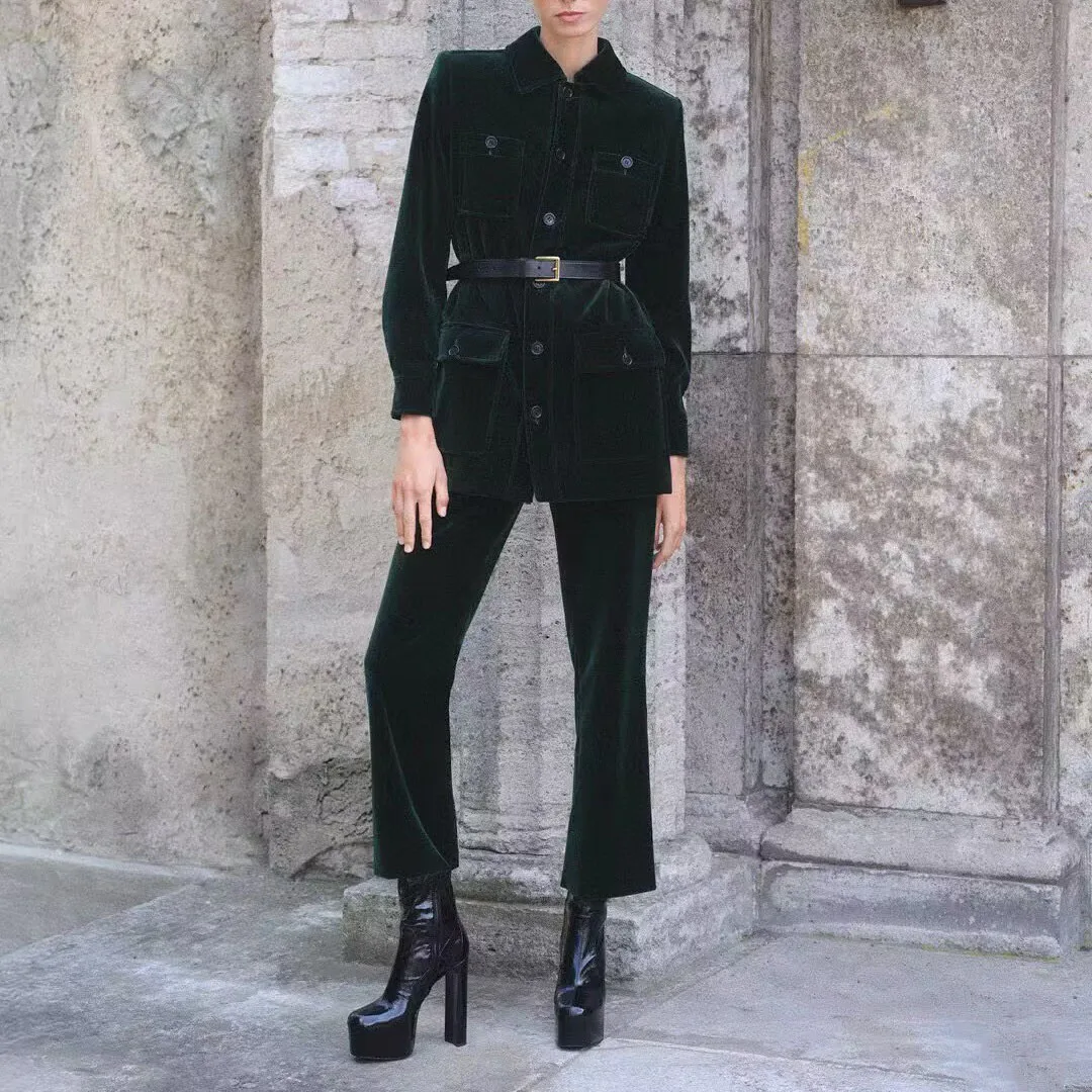 New Fashion Autumn Elegant Fashion Dark Green Velvet Retro Suit Pants Women High Waist Casual Straight Ankle Length Trousers