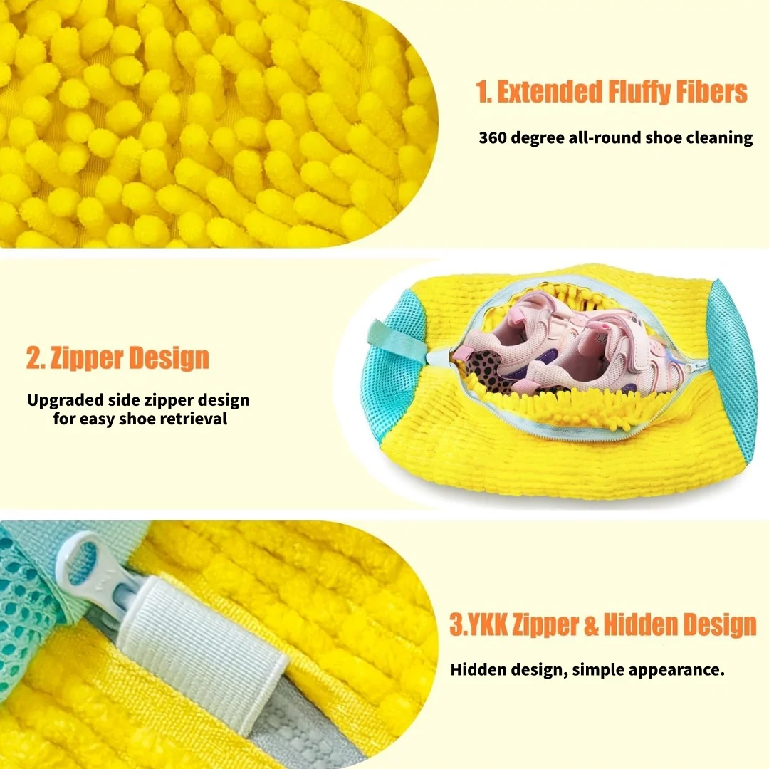 Shoe washing machine bag, shoe laundry bag, sports shoe and tennis shoe cleaning bag, with zipper and fluffy fiber, reusable