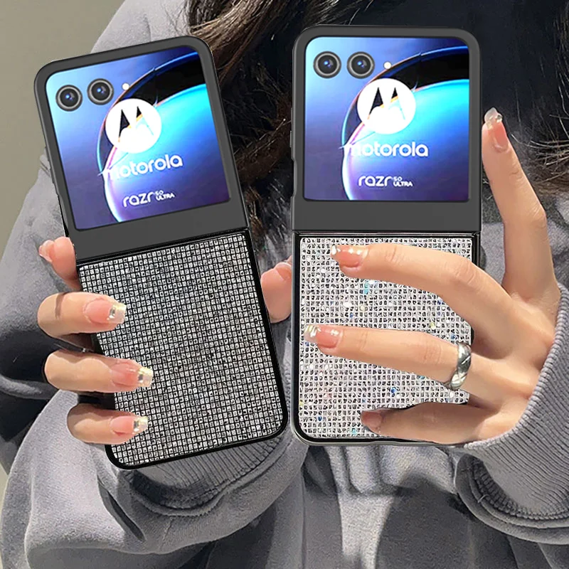 Luxuriöse Glitzer-Gitter-Leder-Handyhülle für Motorola Razr 40 50 60 Ultra + 2024 + 2025, harter PC, stoßfest, modische Rückseite