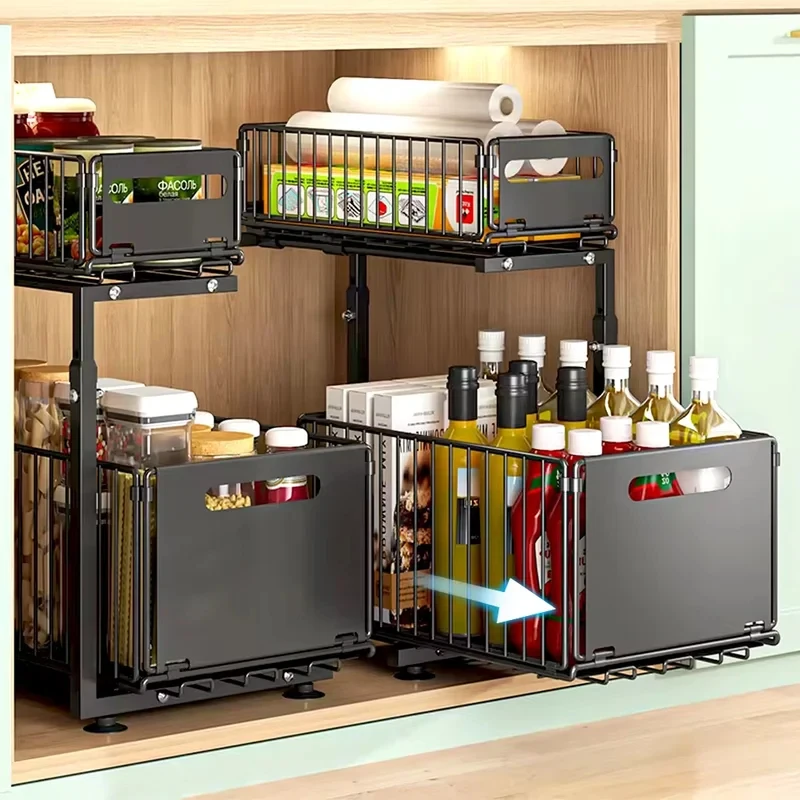 2 Tier Pull Out Cabinet Organizer Adjustable Under Sink Storage Rack Slide Out Drawer Kitchen Spice Jar Storage Shelf