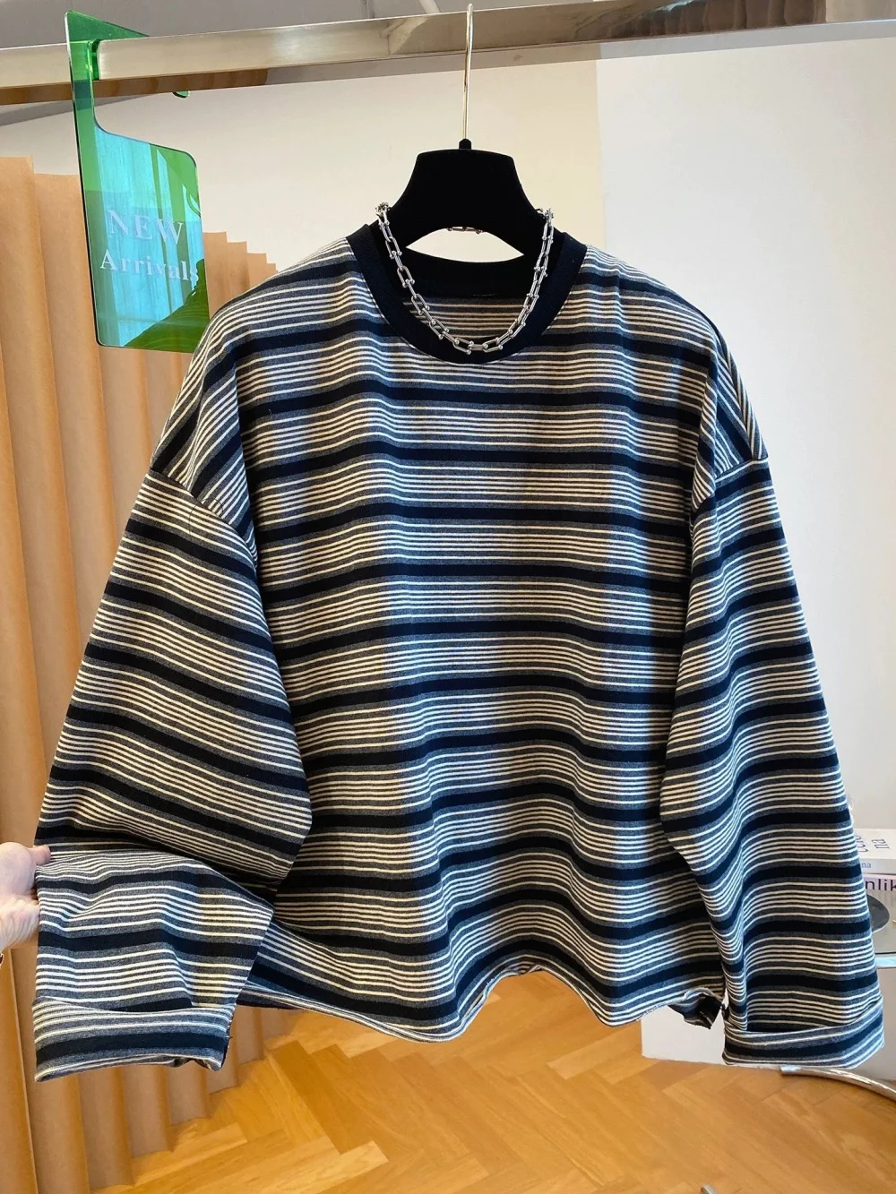 루즈핏 롱 슬리브 티셔츠 한국 스타일 캐주얼 스트라이프 가을 패션 디자인 남녀공용 다용도 상의