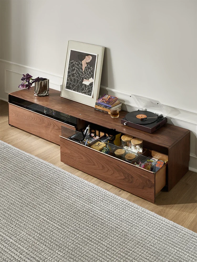 

LTT Solid Wood TV Cabinet Black Walnut Wooden Locker Small Apartment Living Room Light Luxury Floor Cabinet