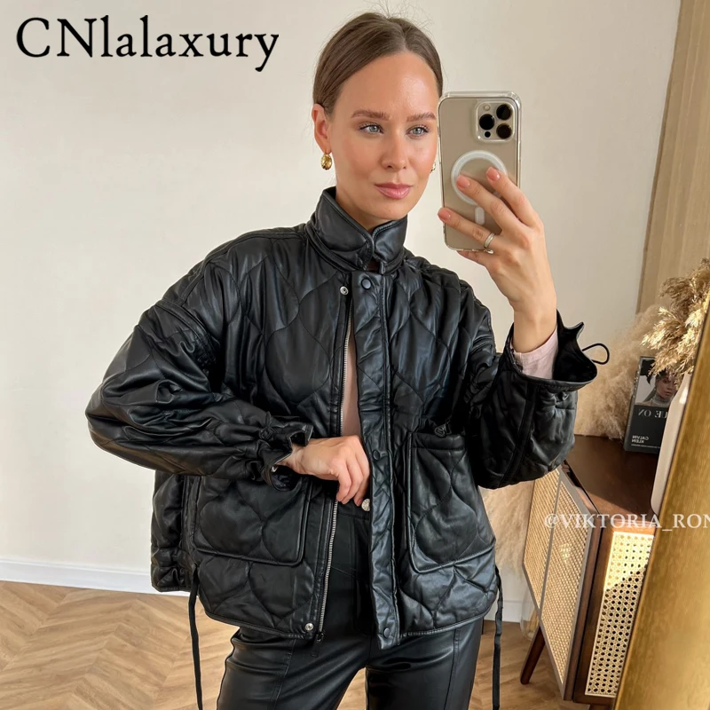 CNlalaxury 2023 Winter Women Fashion Vintage Black Plaid Faux Leather Jacket Casual Pockets Cotton Coat Loose Short Outerwear