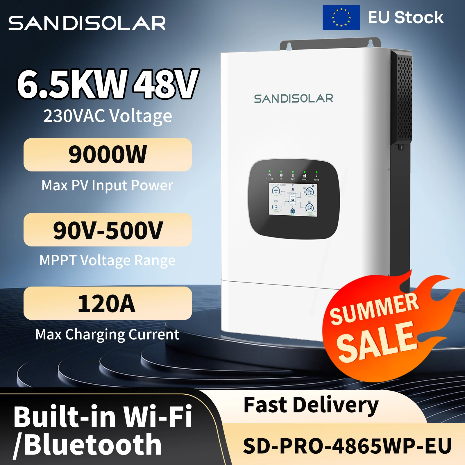 Convertisseur solaire hybride SANDISOLAR 6,5 kW 48 V 230 V avec contrôleur de charge MPPT 120 A max, compatible PV 500 V, prise en charge BMS, UE