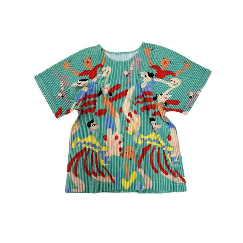 

Japanese Sle ort Sve T-irt Wave Pattern Print Youthful Vitali Cute Little Person Print Casual round Ne Top