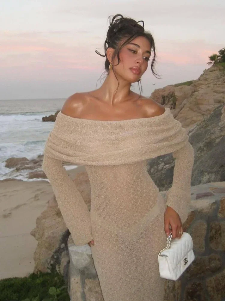 

Women's Summer Slash Neck Sunscreen Maxi Dress 2024 Chic Long Sleeve Bodycon Knitted Vestidos Female Elegant Holiday Beachwear