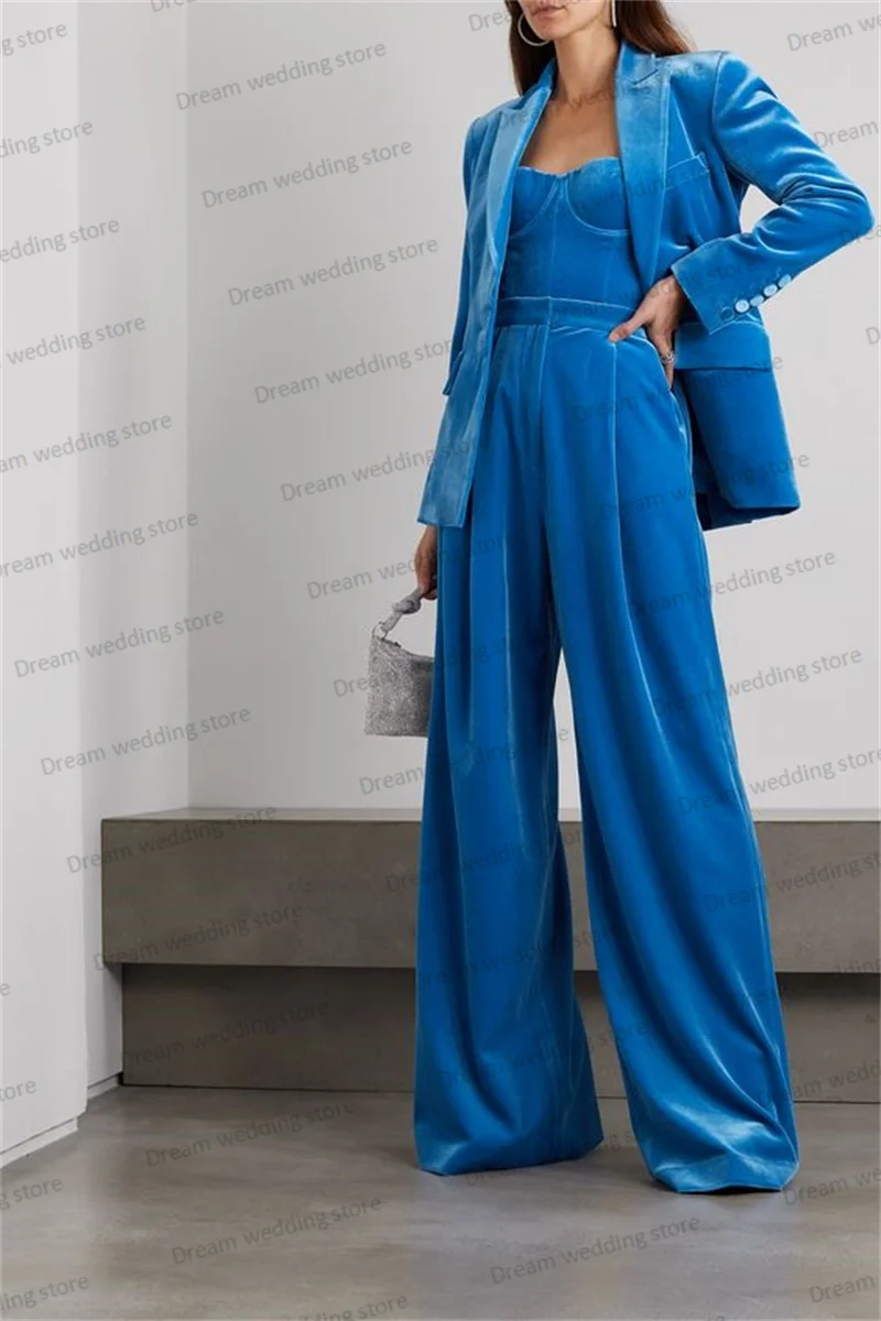 Velvet Blue Women Suit Set 3 Pieces Top+Jacket+Wide Leg Pants Wedding Tuxedo Autumn Guest Prom Dress Custom Made Blazer Coat