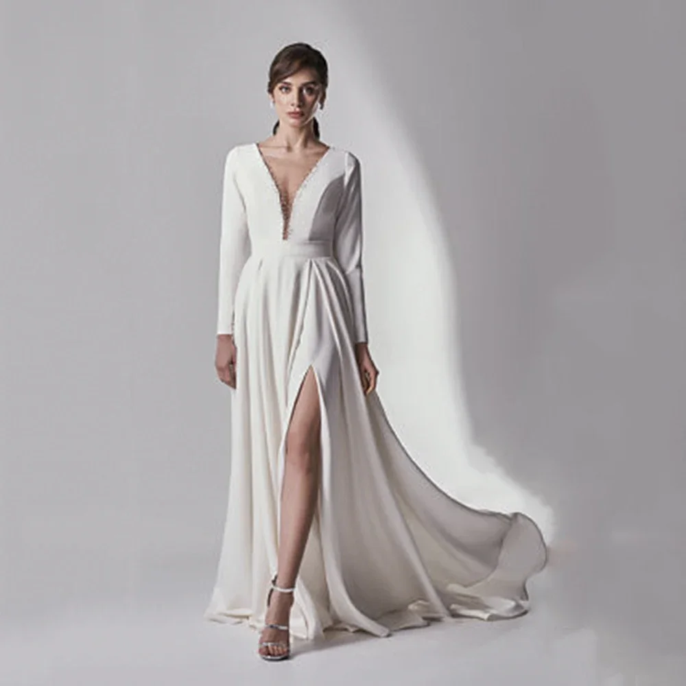 

Customized Elegant Elegant Beaded Wedding Dress Jersey Deep V-Neck Long Sleeves Front Splint Bridal Gowns Glamorous Vestido