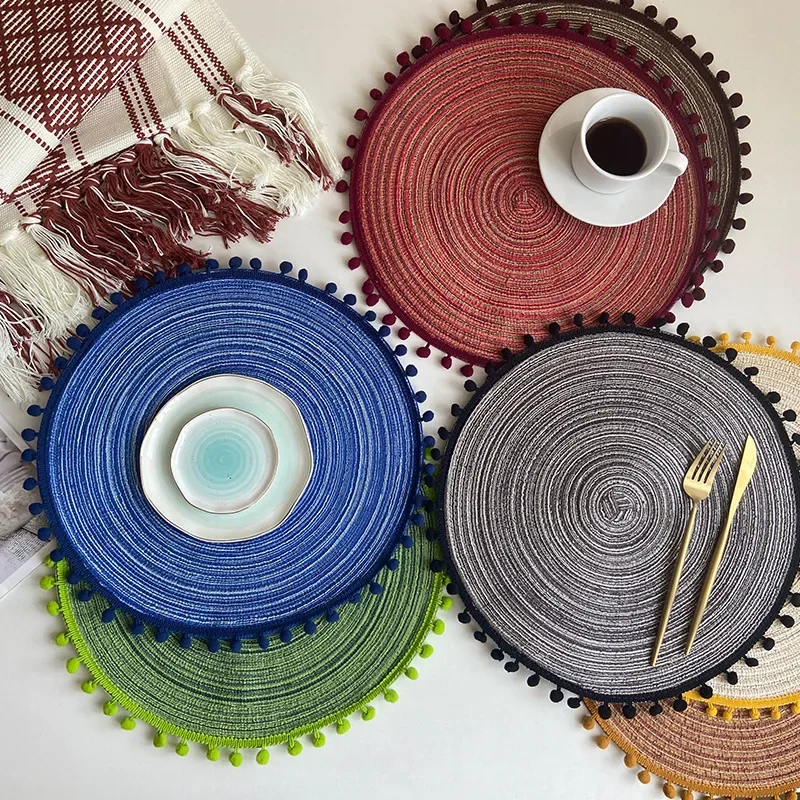 Tapete de mesa redondo de fio de algodão com bola borla semi-mão utensílios de mesa de jantar antiderrapante almofada de isolamento placemat decoração de casa almofada coaster