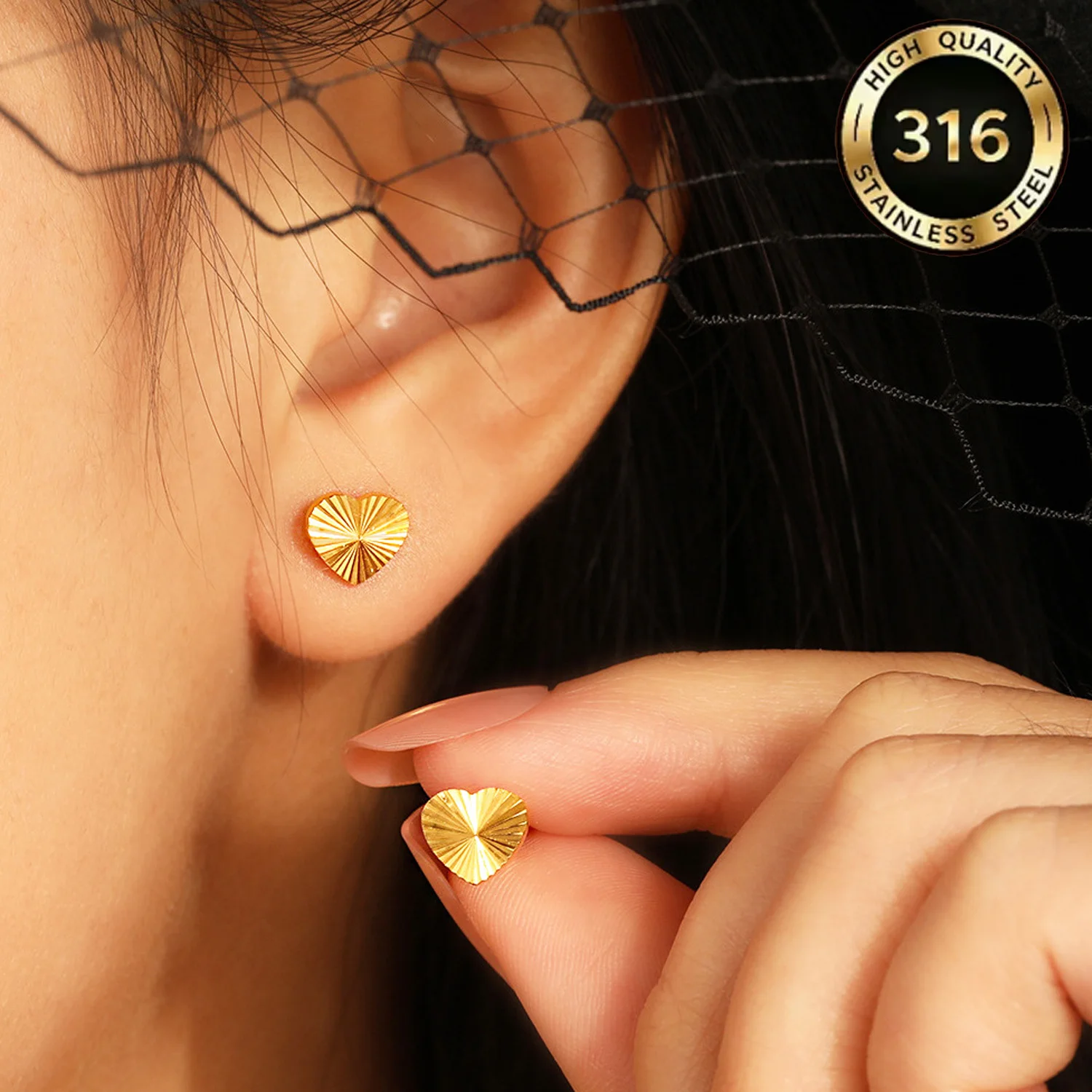 Women's Anti-Allergy Stainless Steel Heart-Shaped Earrings, Textured, Lightweight, Cute Stud Jewelry for Everyday Wear