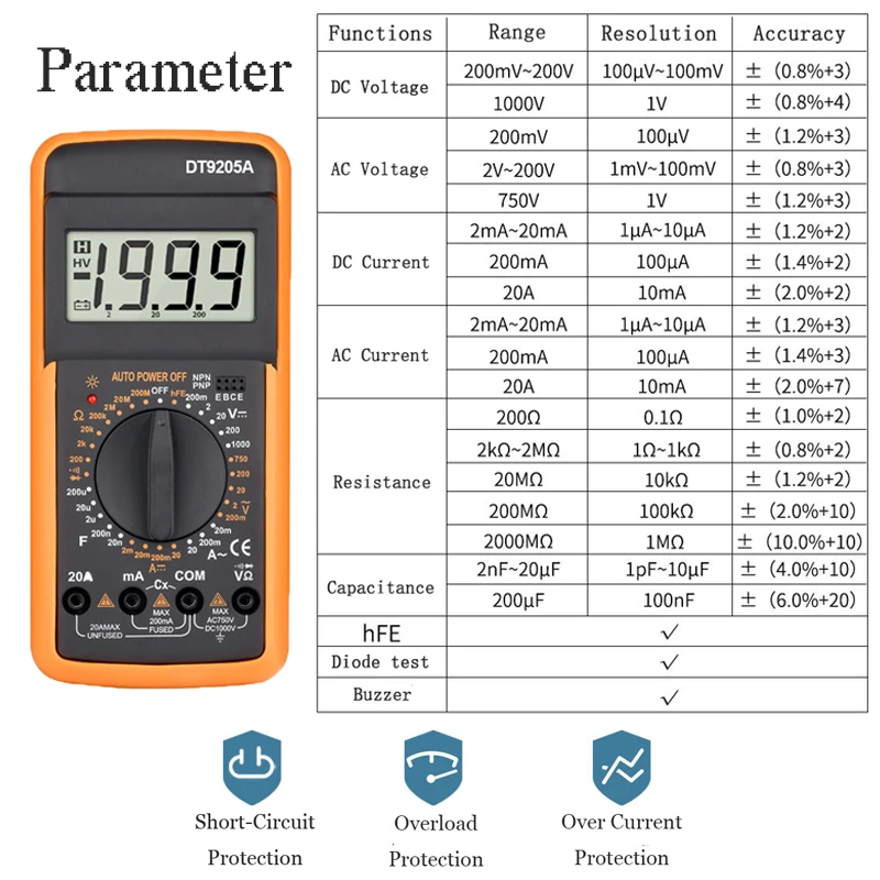 Professional Multimeter DT9205A Digital Tester Manual Range Voltage Meter TRMS Hz Ohm Transistor Tester Electrician Tool