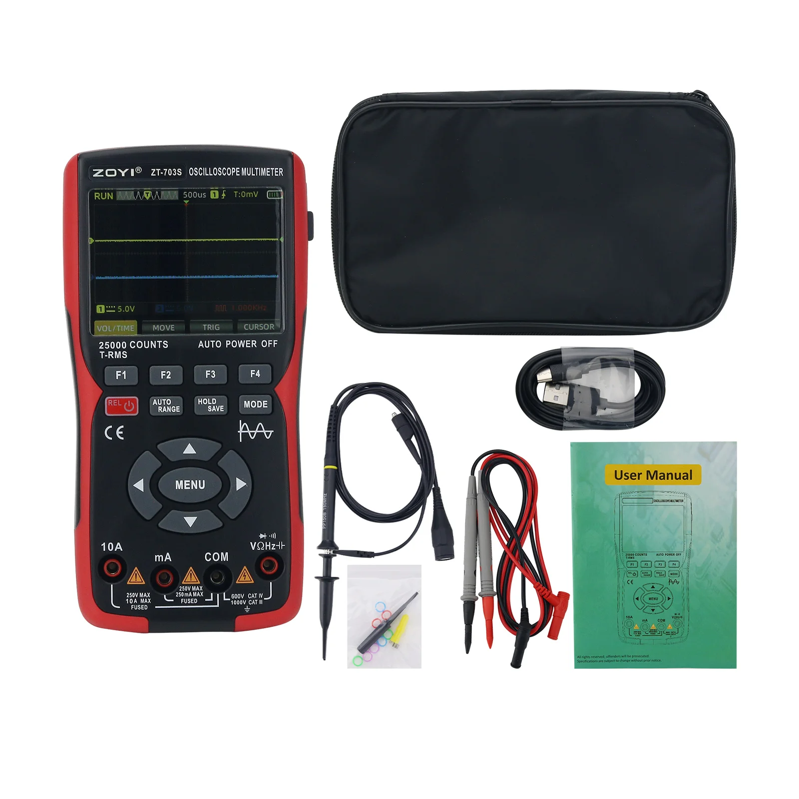 ZT-703S 50MHZ 2CH Handheld Multifunctional 3-in-1 Digital Oscilloscope High Precision Multimeter for Automobile Repair