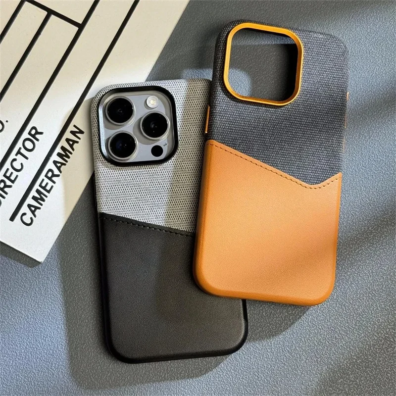 For iPhone 16 15 14 13 12 Pro Max Plus Dual Color Linen Leather MagSafe Phone Case Card Pocket Wireless Charging Protective Cove