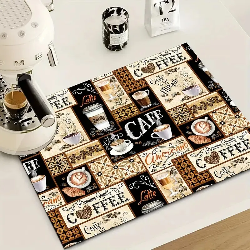 

Coffee-Themed Absorbent Kitchen Drying Mat Ideal for Espresso & Latte Art Enthusiasts for Home Table Decor, Coffee Bar