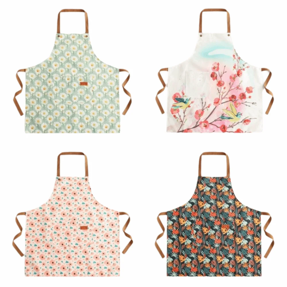 Flowers Pattern Stain-Resistant Apron Breathable Anti Dirty Sleeveless Apron Wipeable Hands with Pocket Working Clothes Cooking